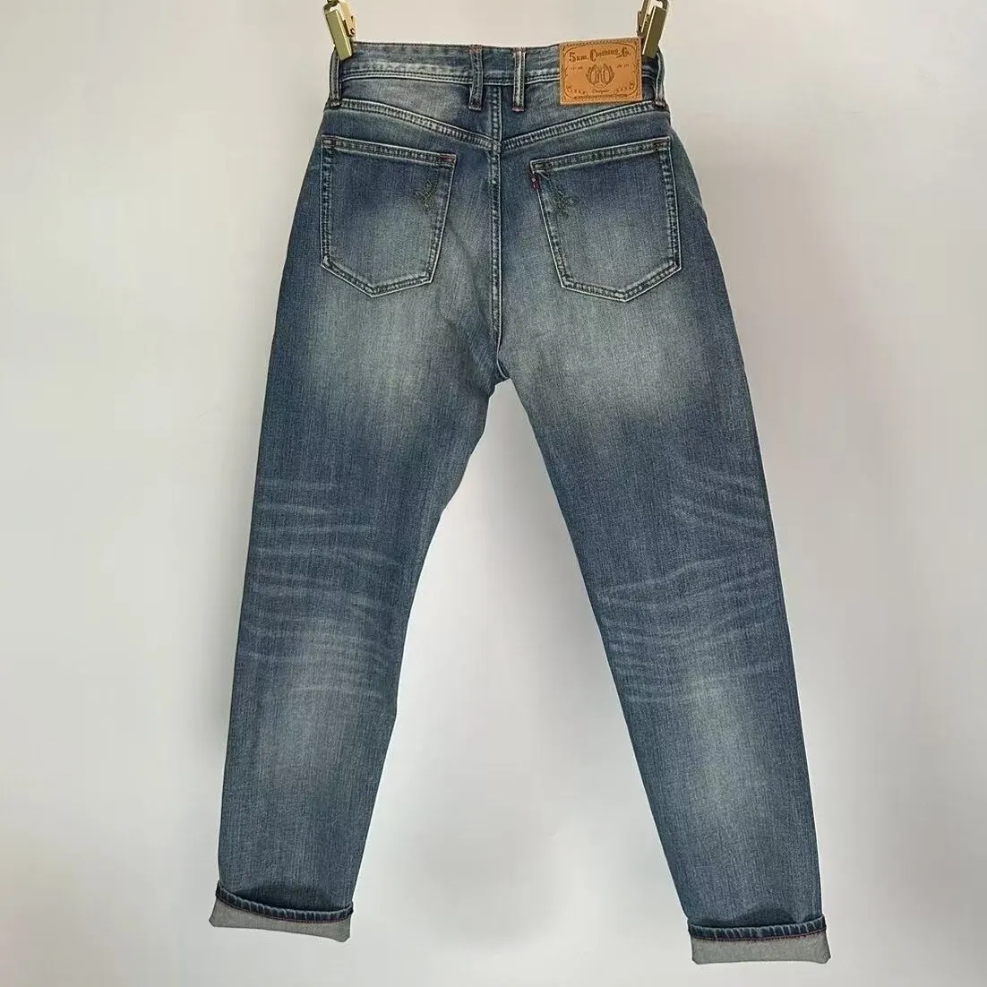 99% Cotton 12oz Selvedge Denim Jeans for Men 2026 Spring Summer American Retro Blue Washed Slim Tapered Stretch Pants 5KM