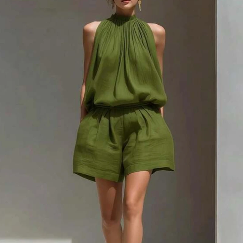 2026 Women Two Piece Matching Outfit, Ruched Halter Sleeveless Top & High Waist Wide Leg Shorts Set, Summer Relaxed Elegant Dail