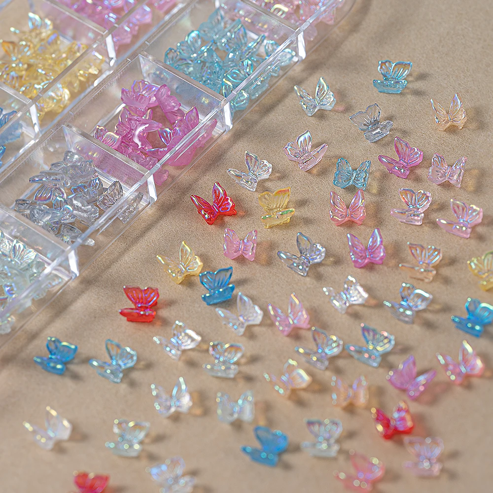 12グリッド カラフルオーロラバタフライ 3Dネイルチャーム 6/8/10mm カワイイ レジン グリッター オーロラバタフライ アイス透明 マニキュアバタフライ