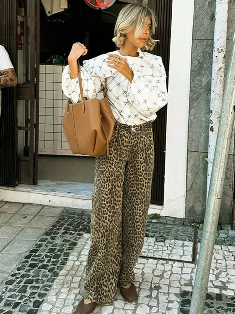 Vintage Leopard Print Pants Women Casual Loose Lace Up Wide Leg Trousers Female 2024 Summer Fashion All-match Lady Streetwear