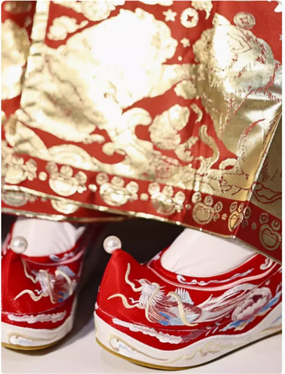 Ancient style slope heel 10cm height raised upturned embroidered Hanfu shoes