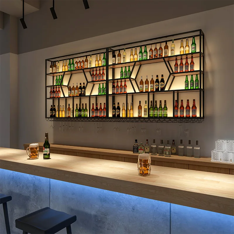 Bar Restaurant Wall-mounted Foreign Wine Baijiu  Rack Bar Counter Cabinet Wall-mounted Wrought Iron Multi-layer