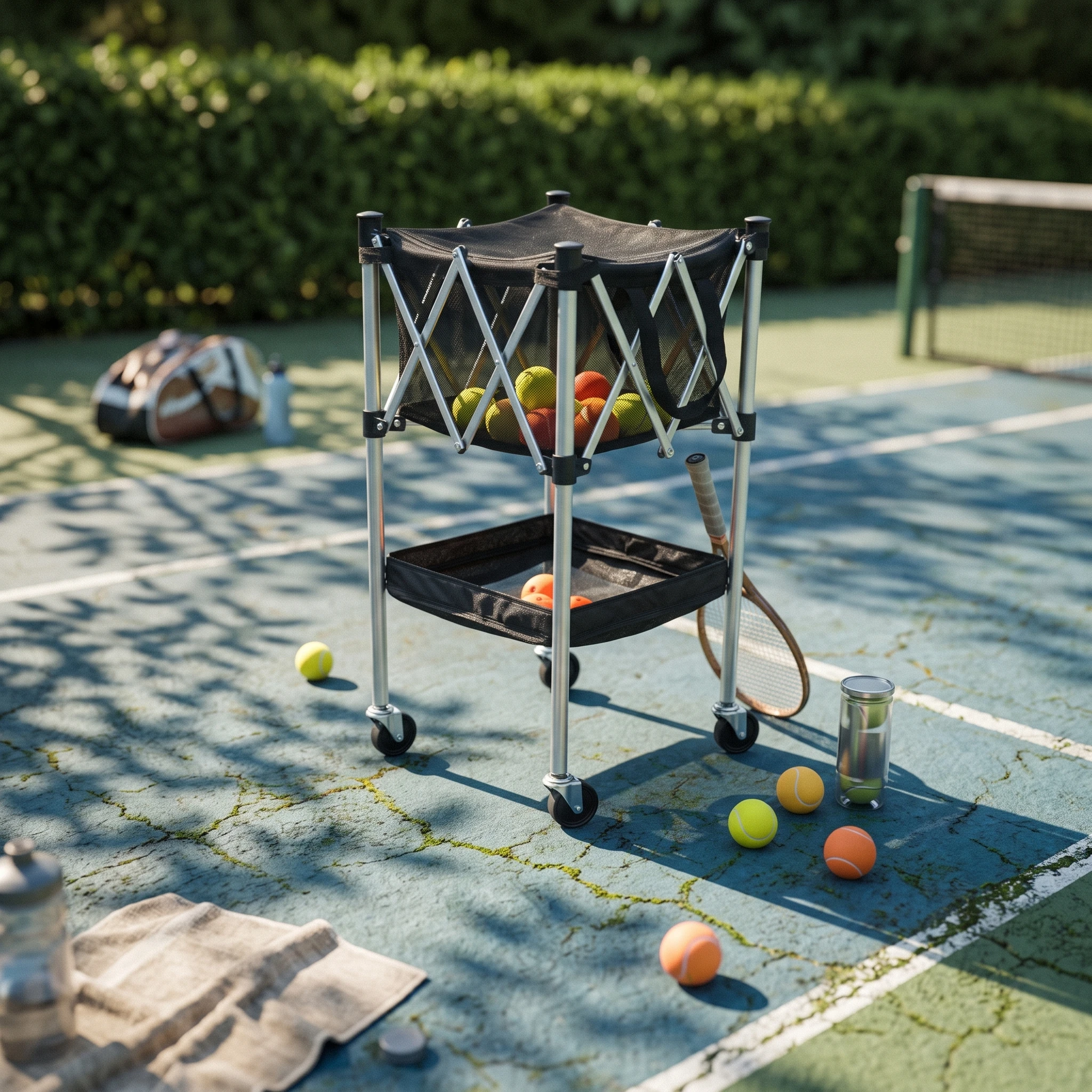 Pickleball Basket Cart with Wheels Wheeled Pickleball Cart with Basket Foldable Ball Hopper Stable Hopper with Wheels Versatile