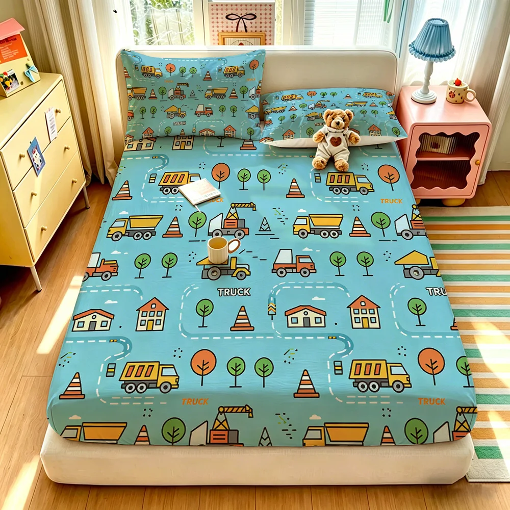 3pcs Cartoon Toy Car Printed Chipless Bed Sheet Set with Multiple Sizes Soft Bed Cover Bedroom Bedding Decorations Gifts