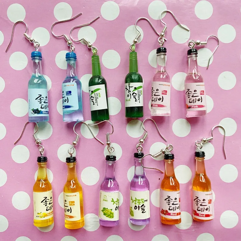 Korean Sake Bottle Model Pendant Woman's Earrings Simulation Drink Bottle Drop Earrings Fun Jewelry Gift for Her