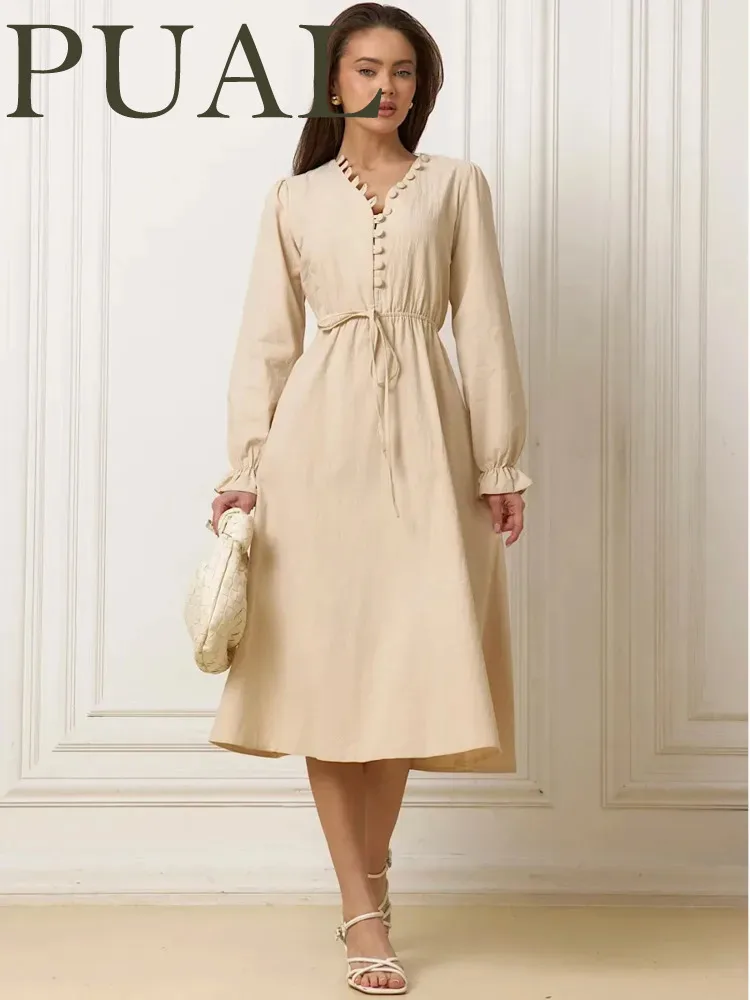 

Женское платье PUAL с V-образным вырезом и вырезами, с завязками спереди, приталенное, для повседневной носки, отпуска и свиданий, модное женственное платье 2026 года