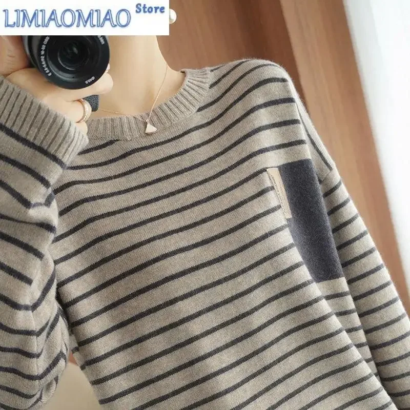 

New Autumn/Winter Fashion Korean Edition Round Neck Stripe Loose Versatile Simple and Slim Knitted Women's Long Sleeve Sweater