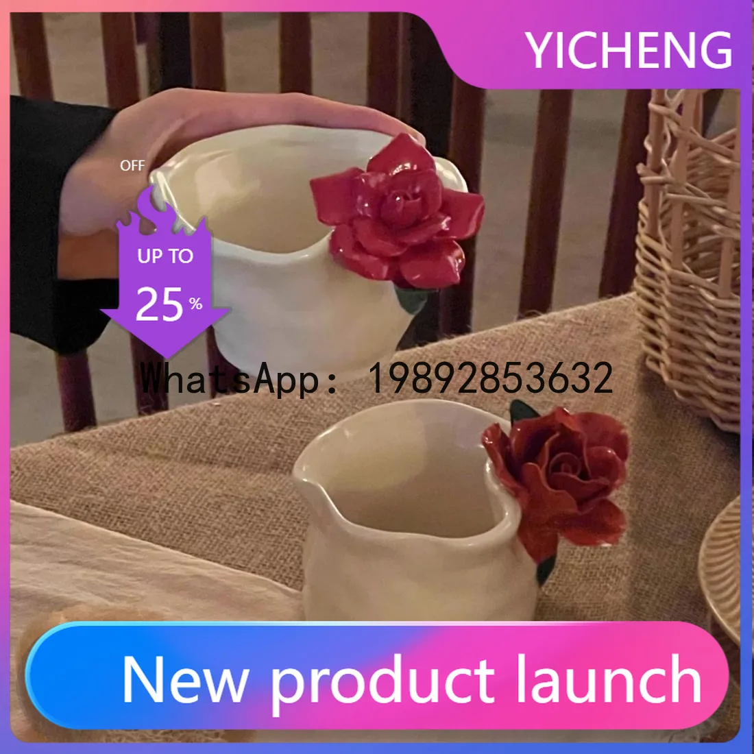 Lyy ceramic handmade 3d red rose coffee mug, hand-painted underglaze decorated latte art coffee cup