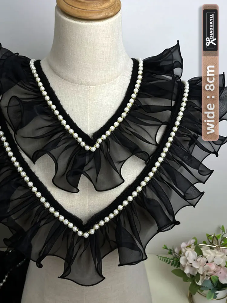 8CM Wide Organza Black Beaded Pleated Tulle Lace Trim for Fringe DIY Prom Even Dresses Ruffle Fabric Sewing Accessories Supplies