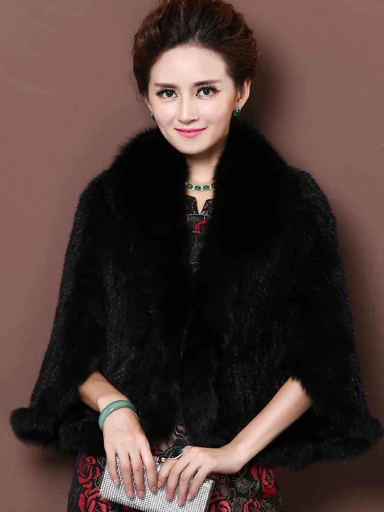 MENINA BONITA Shawl Female 2023 Winter Real Mink Fur Coat Fox Fur Collar Weave Cloak Short Jacket Women Thick Warm Fashion New