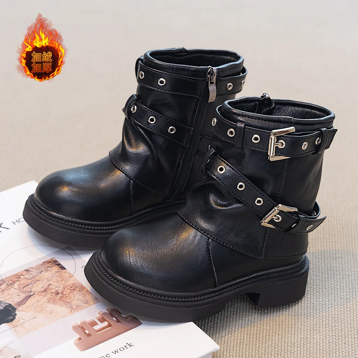 Kids'Snow Boots PU Leather Winter Fashion Outdoor Flat Thick Bottom Shoes For Children Warm Anti-slip Black White Size 26-37