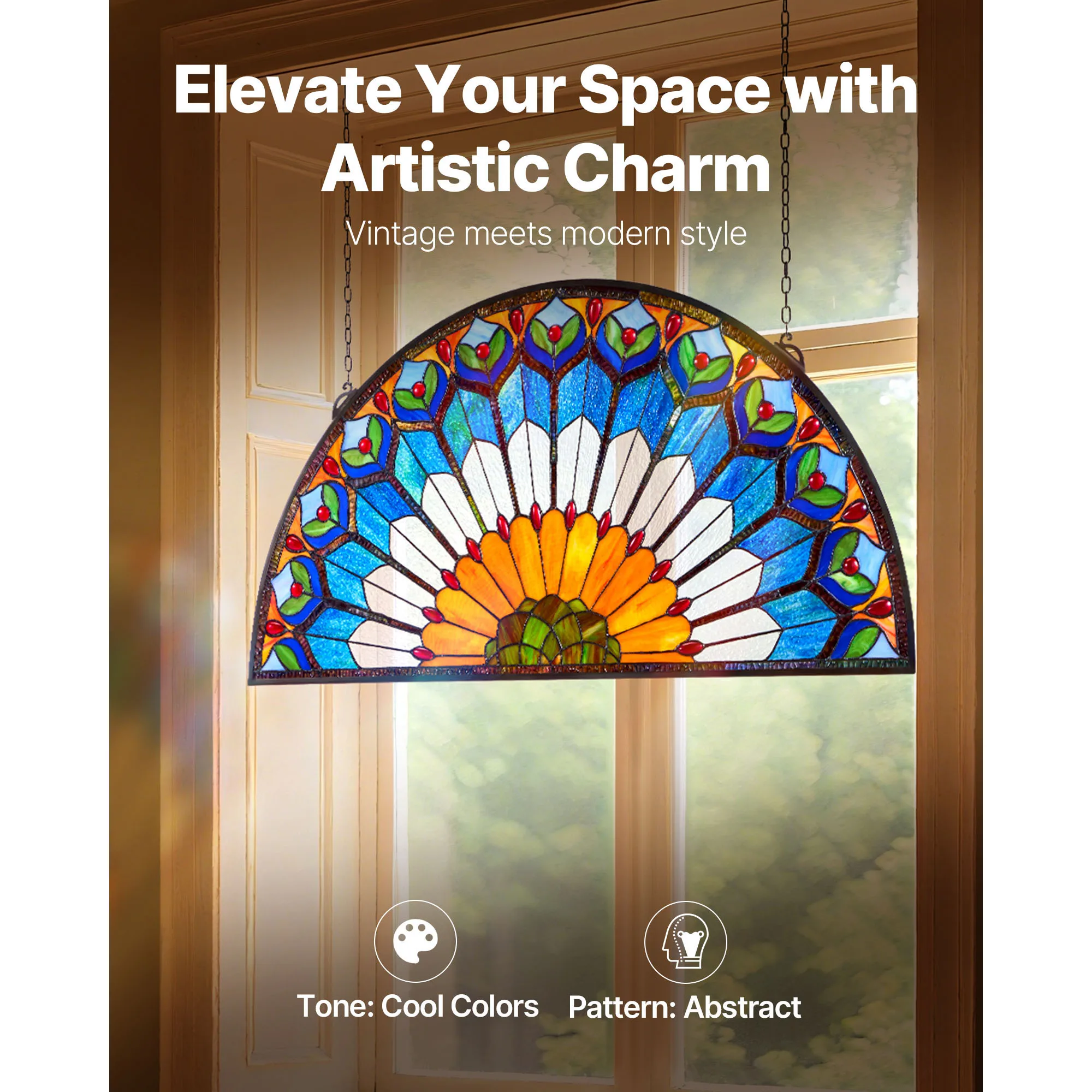 SucceBuy Stained Glass Window Panel 36 x 18 inch Tiffany Style Hanging Transom Window Panel with Chain for Kitchen Home Decor