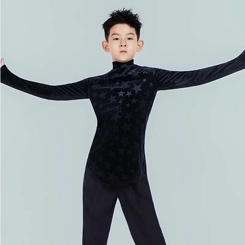 

2025 High Neck Long Sleeved Shirts Latin Dance Tops For Boys Samba Chacha Tango Children Modern Latin Practice Clothes DQS21150