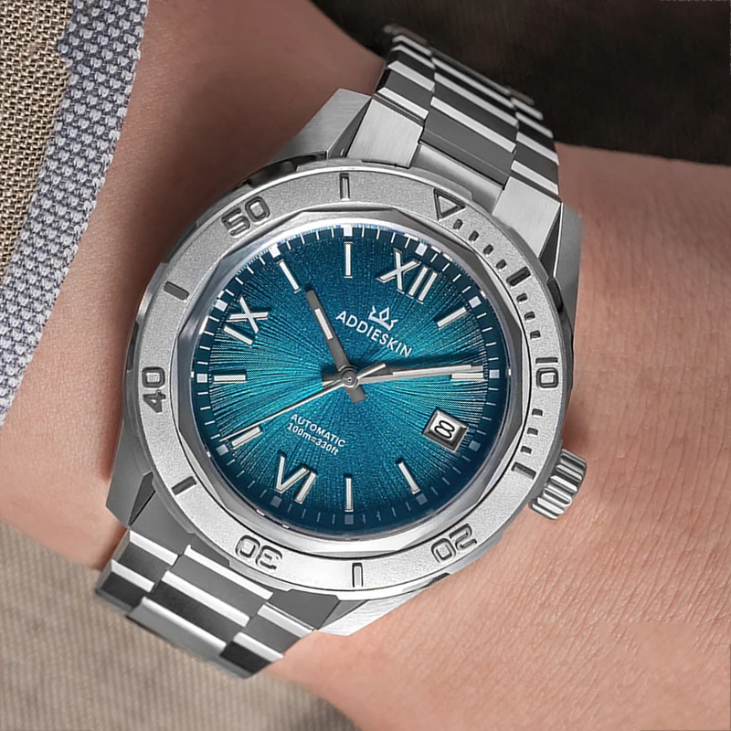 ADDIESKIN Men Automatic Mechanical Watch 40mm Sapphire Glass Date Display Stainless Steel Bracelet BGW9 Luminous 100m Diver