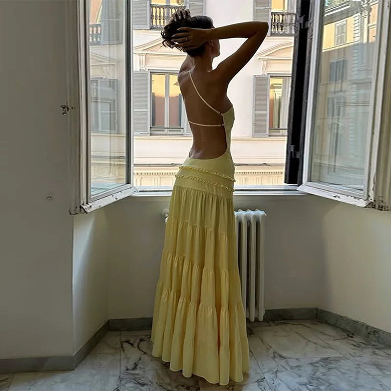 الأوروبية والأمريكية الساخن بيع جديد مثير الجوف عارية الذراعين الربط الدانتيل متابعة الكتف الطيات متعدد الطبقات فستان طويل المرأة #4