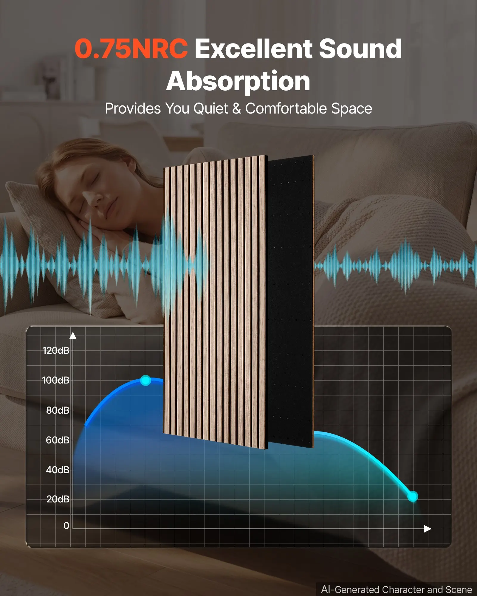 Wood Wall Panels, 47.2 x 23.6 inches, 6-Pack, Acoustic Slat Panels, Walnut, Sound Absorbing for Living Rooms, Bedrooms, Offices, Studios, Interior Wall Decor, MDF & PET Construction, Screw Kit