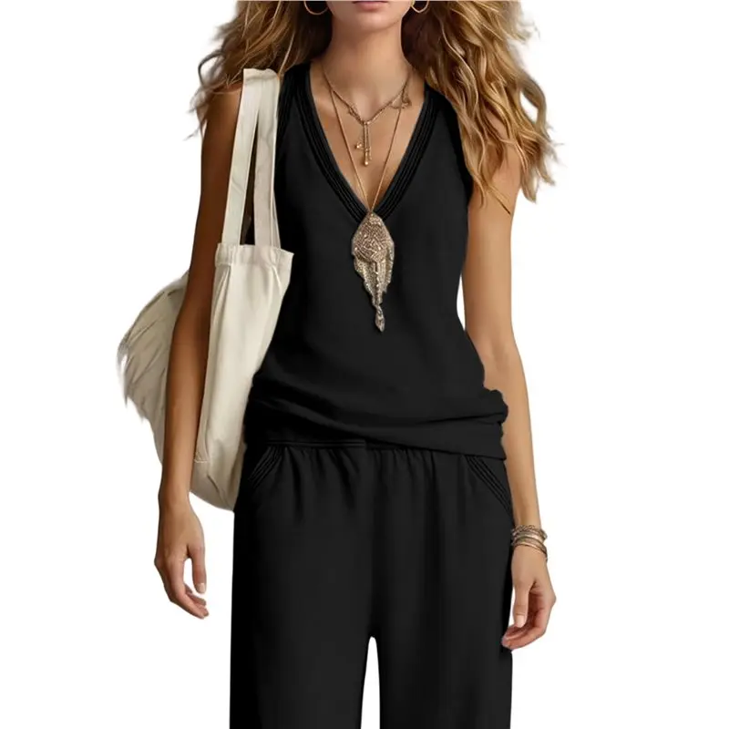 

CYL-Two Piece Set For Women Summer Outfits Vacation Trendy Lounge Sets V Neck Matching Sets