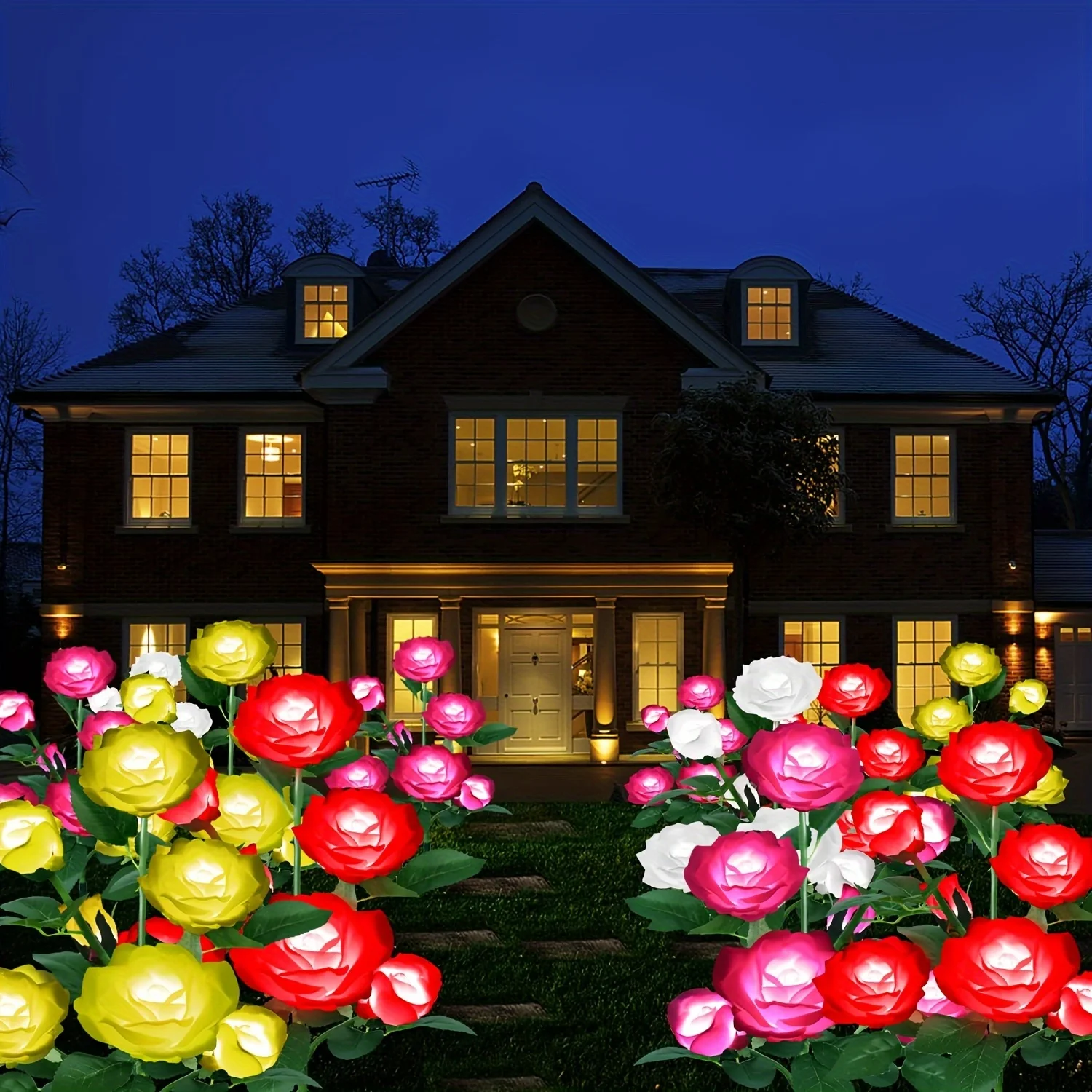 Outdoor Solar 5-heads Rose Flower Wedding Christmas Decoration Summer Garden Lights LED Lawn Lamp for Party Yard Holiday Light