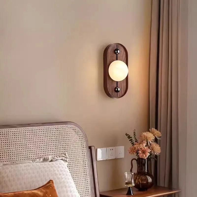 

Middle Ancient Style Walnut Wood Grain Retro Pure Natural Marble Hotel Homestay Art Living Room Bedroom LED Decorative Wall Lamp