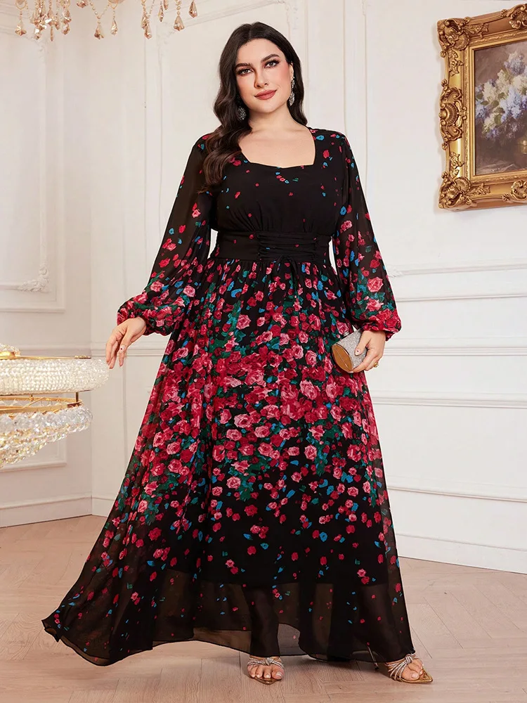 -Premium plus size European and American autumn and winter casual temperament printed chiffon dress elegant dress formal dress