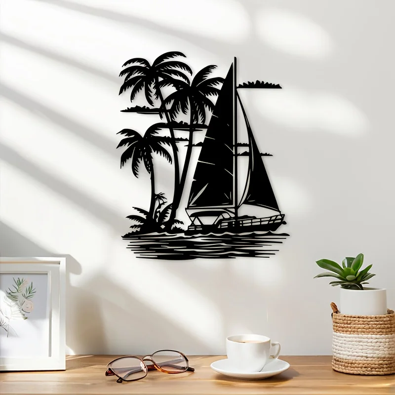 Flat Sailing Boat Palm Tree Iron Wall Art, Black Nautical Cut-Out Hanging Decor, Indoor  Living Room Patio Beach House Accent