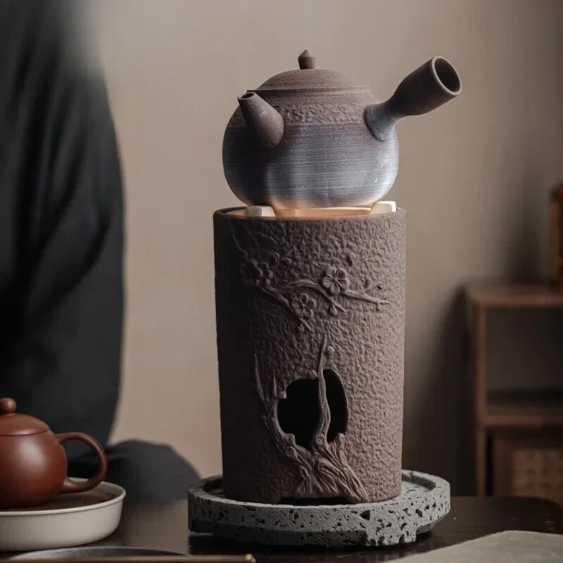 Rock Mud Handmade Tea Warmer Stove Japanese Style Side Handle Pot Warmer Vintage Tea Stove Kettle Stand Tea Ceremony Ornaments