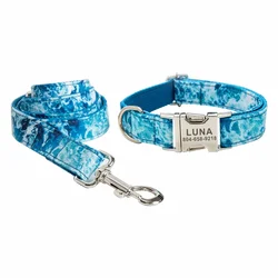 Collare per animali domestici personalizzato Sea Wave targhetta identificativa personalizzata per cuccioli fibbia regolabile guinzaglio per collari di base in stile naturale blu