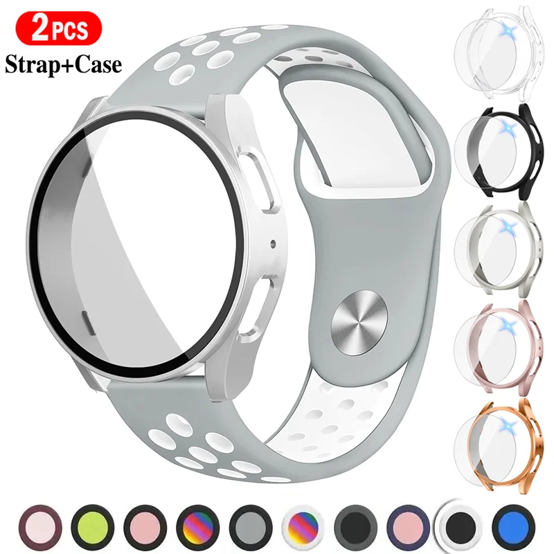 Strap+Case+Tempered Glass for Samsung Galaxy watch 7 6 5 4 40mm 44MM 2 pack PC cover+sport hole bracelet for 20mm Silicone Bands