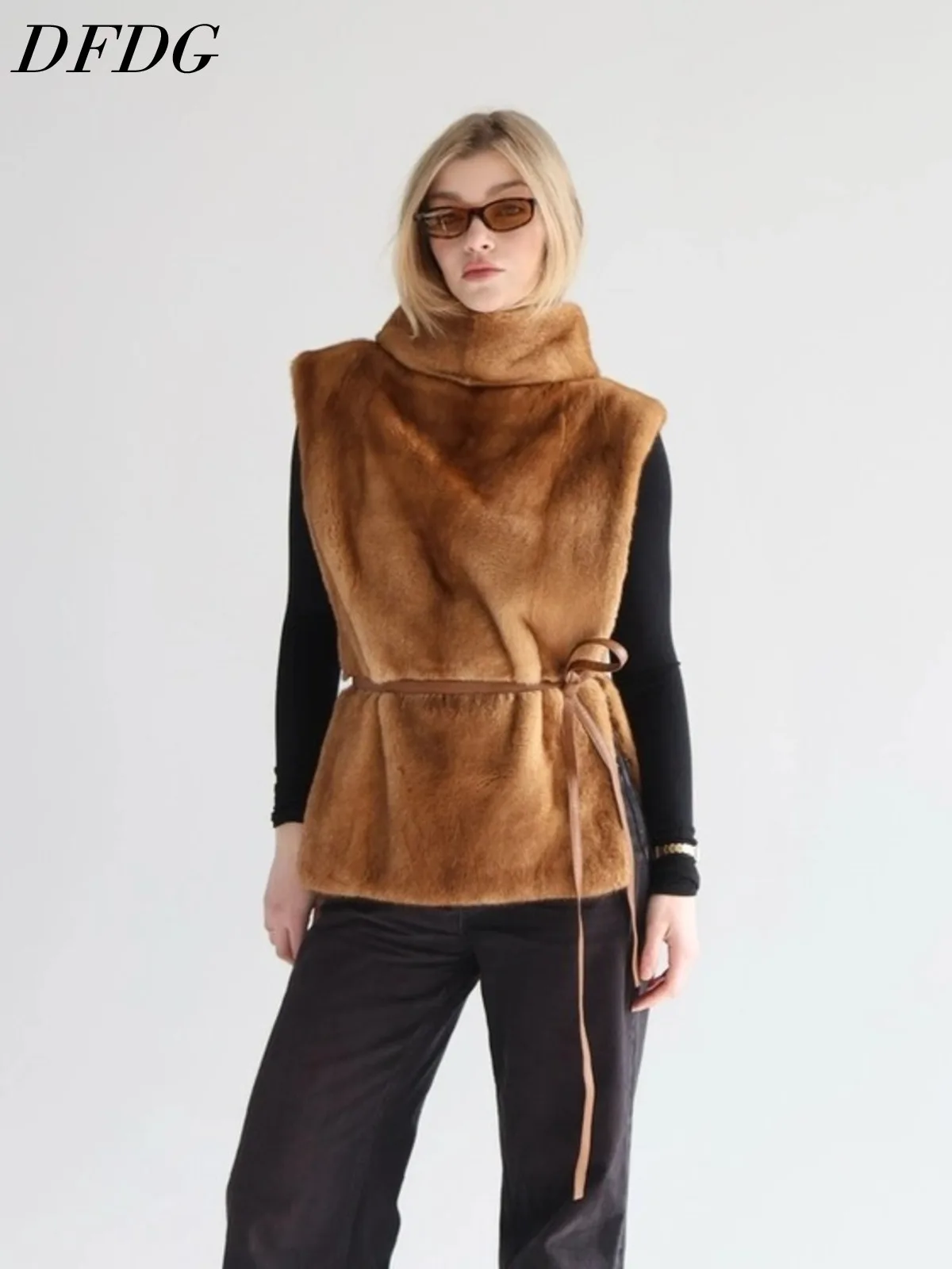 DFDG Women 2026 Belted Faux Mink Fur Vest High Neck Sleeveless Waistcoat Drawstring Waist Luxury Warm Winter Outerwear Fur