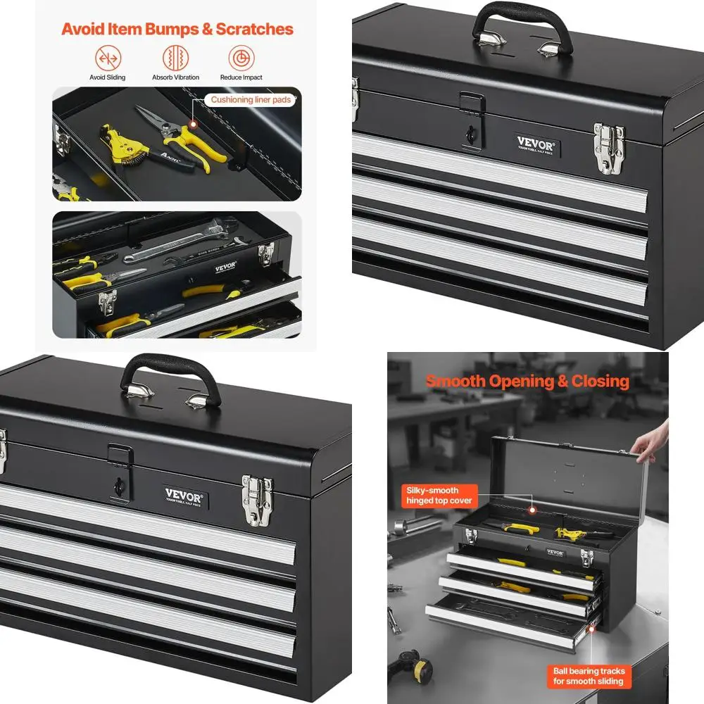 

Portable 20.5 Metal Toolbox with 3 Drawers, EVA Lining, Ball Bearing Slides, Lockable & Powder Coated for Multi-Function Tool Or