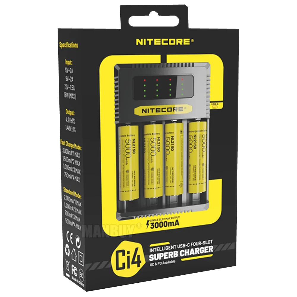 

NITECORE Ci4 4-Slot Intelligent USB-C Fast SUPERB Charger for Li-ion Ni-Cd NiMH Batteries 18650 14500 CR123 16340 26500 18350 AA