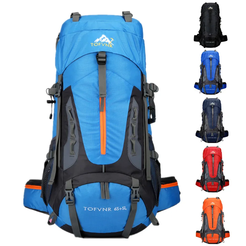 65L Unisex Hiking Backpack Outdoor Sport Bag Large Capacity Waterproof Striped Nylon Zipper Closure