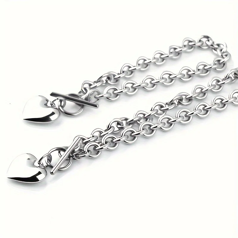 طقم مكون من قطعتين/مجموعة قلادة رائعة على شكل قلب خوخي وسلسلة على شكل حرف O للرجال والنساء