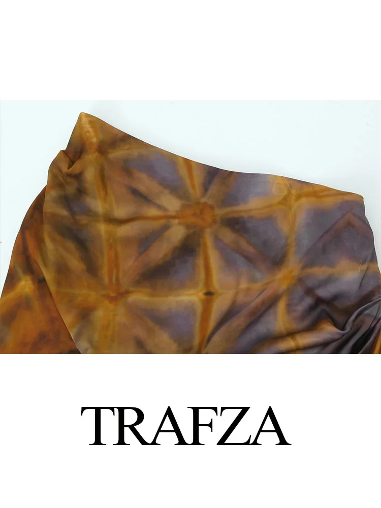 TRAFZA Women Summer Print One Shoulder Sleeve Vintage Long Dress Female Chic Asymmetrical Folds Decorate Slim Beach Dress Traf