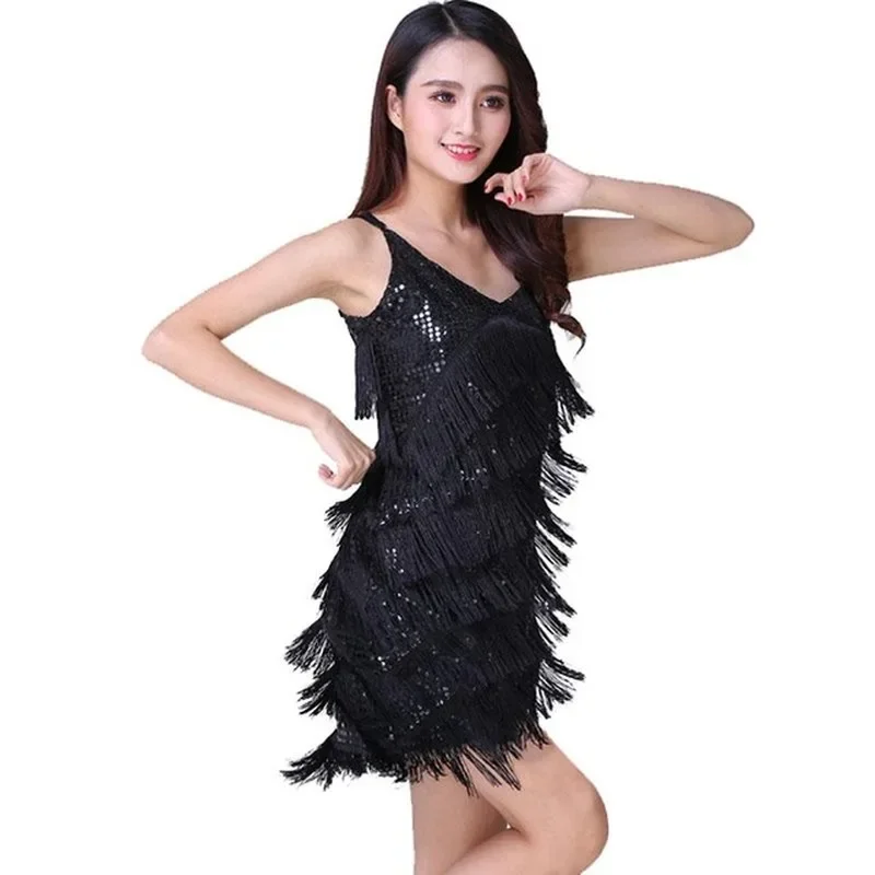 

High Quality Women Latin Dance Rumba Dress Sexy Tassel Skirt Fringe Ballroom Costumes for Sling Samba Dresses with Sequin