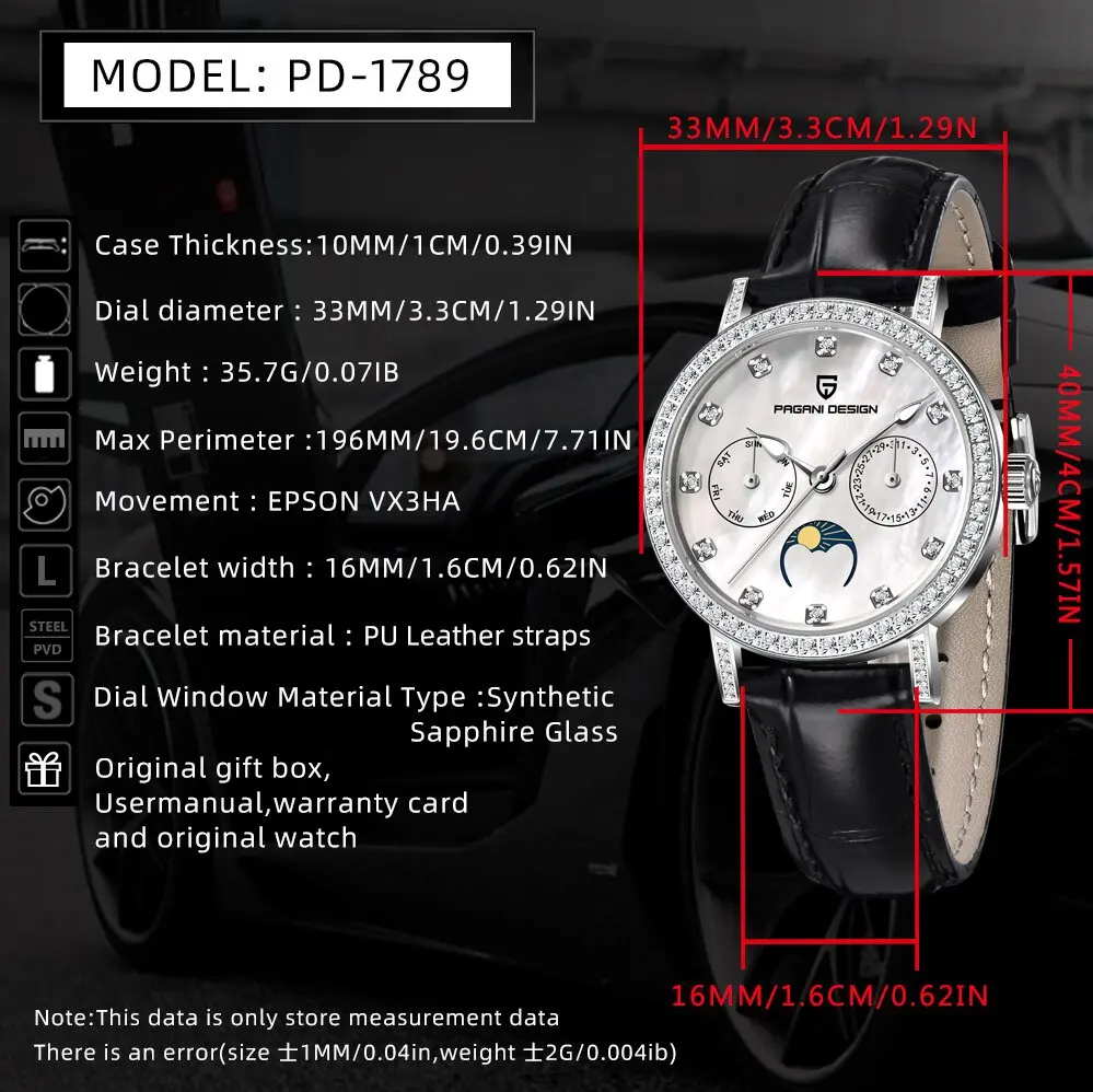 PAGANI DESIGN Elite Luxury Lady Quartz Watch Classic Leather Strap Sapphire Mirror Weekly Display Calendar Moon Phase Dive Watch view 6
