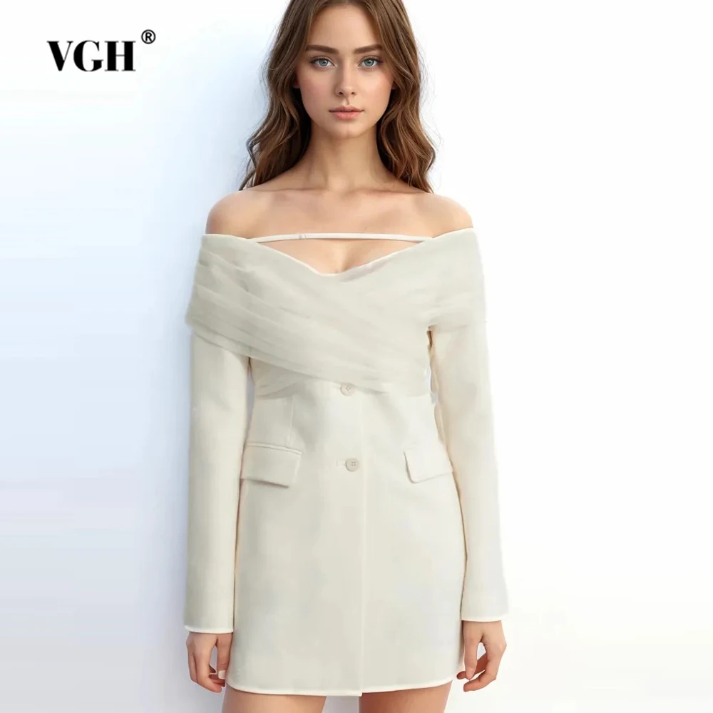 

VGH Solid Patchwork Mesh Blazers For Women Slash Neck Long Sleeve Backless Spliced Single Breasted Slimming Blazer Female New