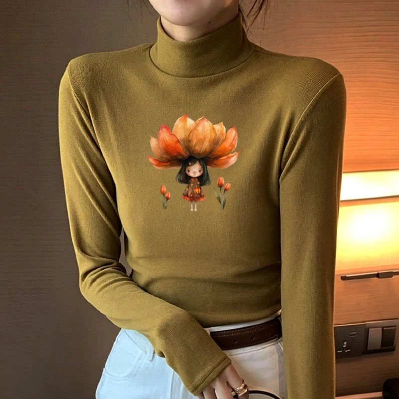 2026 New Autumn Winter Thermal Brushed Fleece Long Sleeve Graphic Print T shirt Blouses Female Warm Shirt Women Top