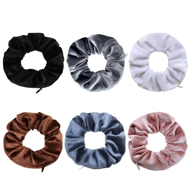벨벳 스크런치 포켓 지퍼 헤어 타이 여성용 히든 헤어 스크런치 포니테일 홀더 탄성 밴드 친구를위한 선물