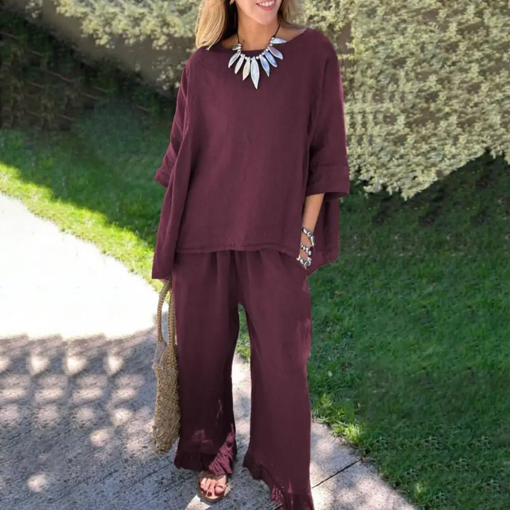 Women Suit Outfit Chic 2-piece Blouse Pants Set Stylish Round Neck Top with Ruffle Edge Wide Leg Trousers for Ol Commute