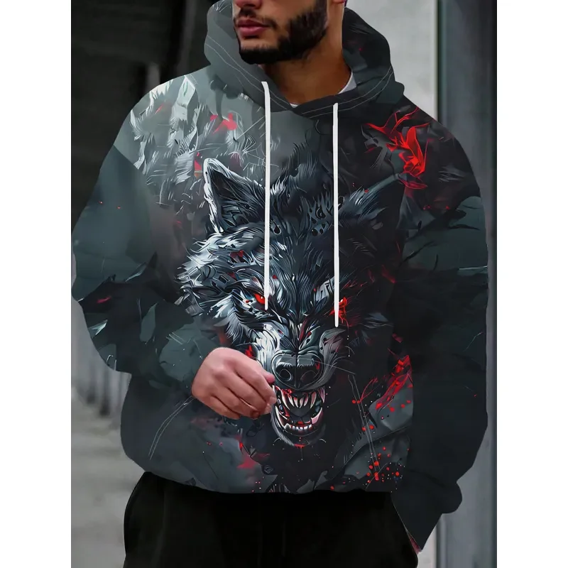 2026 Men's Streetwear Hoodie Dark Wolf Head Red Eyes Fangs Thorns Blood Spots Loose Pullover Sweatshirt Artistic Graphic Top