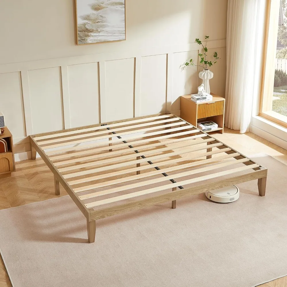 

Queen Size Wood Platform Bed Frame – 12 Inch Height, Strong Solid Wooden Slat Support, No Box Spring Needed,Noise-Free Design, U