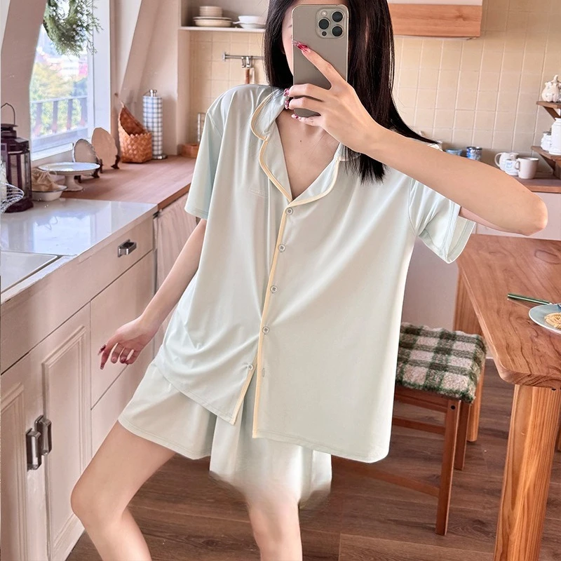 Color-blocking Cardigan, Ice Skin Pajamas, Autumn New Set, Loose Short Sleeves and Shorts Thin Home Wear Two-piece Set for Women