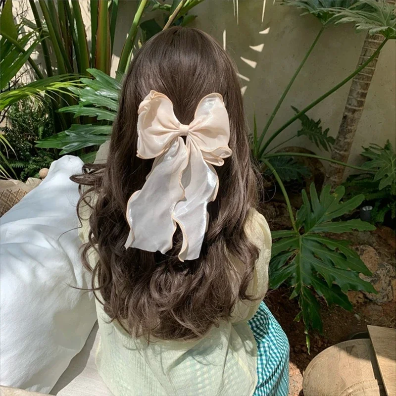 Neue Damen-Haarspange im französischen Stil, süß, rosa-lila, aus Chiffon, mit Schleife und Band, für Freundin, Pferdeschwanz-Clip, Haaraccessoire, Geschenk – Detail 10