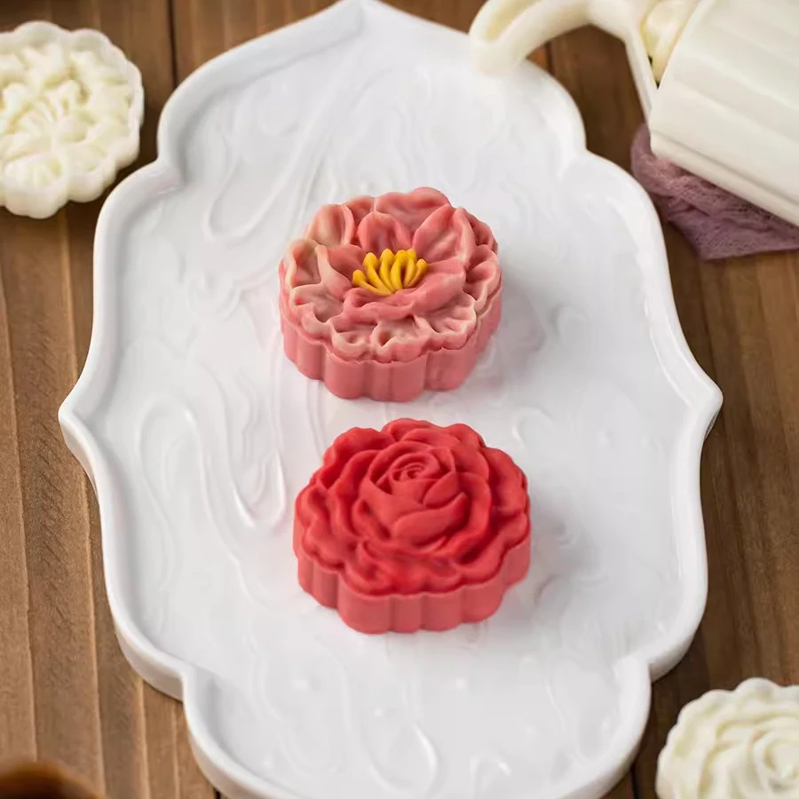 2Pcs/Set 75g Magnolia Mooncake Plunger Mold Rose Flower Cookie Cutter Stamp Mid-Autumn Festival Pastry Dessert Baking Decoration