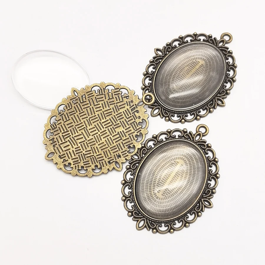 3 Sets Antique Bronze Flower Necklace Pendant Jewelry Making Tone Alloy Rectangle Cameo Setting Tray And Glass 61*48*8mm Pendant