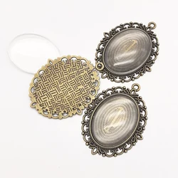 3 Sets Antique Bronze Flower Necklace Pendant Jewelry Making Tone Alloy Rectangle Cameo Setting Tray And Glass 61*48*8mm Pendant
