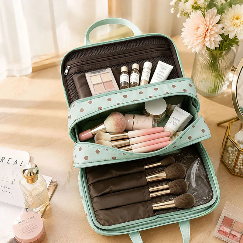 Weekeight Large Capacity Mint Green Polka Dot Makeup Bag 3 Layers Partitioned Waterproof Travel Toiletry Portable Cosmetic