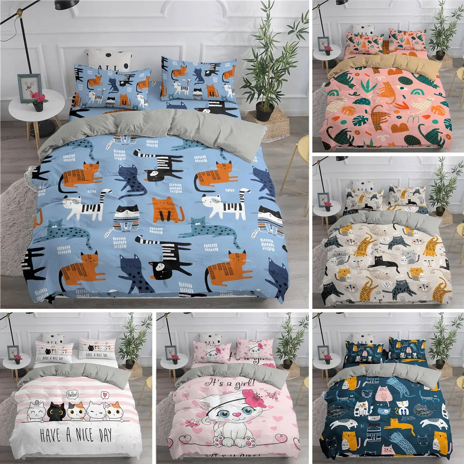 

Cartoon Bedding Set Cute Cats Printed 3D Duvet Cover Set Twin Full Queen King Double Sizes Pillowcase Bedclothes Soft Polyester