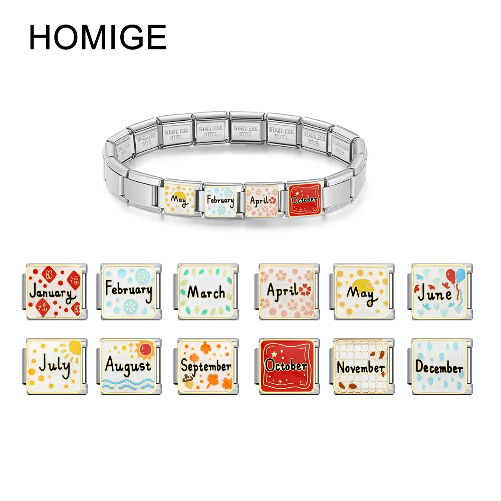 

HOMIGE 2pcs Month Pattern 9mm Elastic Modular Itanlian Charm Bracelet Stainless Steel Jewelry Making Women Bijoux